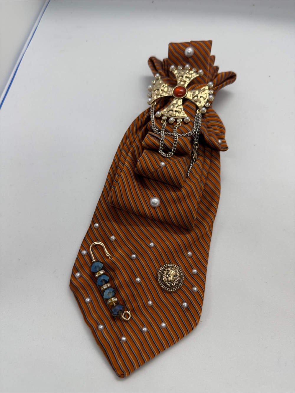 Men's Orange Striped Tie with Decorative Brooch - Unbranded